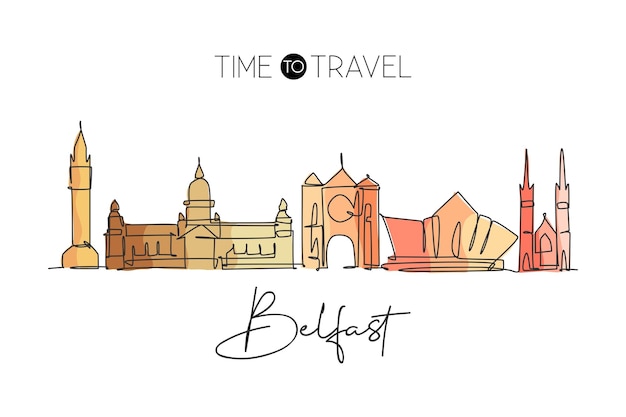 Un dibujo de línea continua del horizonte de la ciudad de Belfast Irlanda del Norte Hermoso vector de diseño emblemático