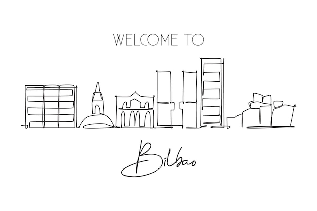 Vector dibujo de línea continua del horizonte de la ciudad de bilbao francia tarjeta postal famosa del paisaje de rascacielos