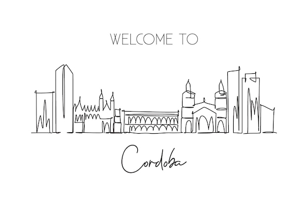 Vector dibujo de línea continua del horizonte de la ciudad de córdoba, argentina ilustración vectorial de arte paisajístico