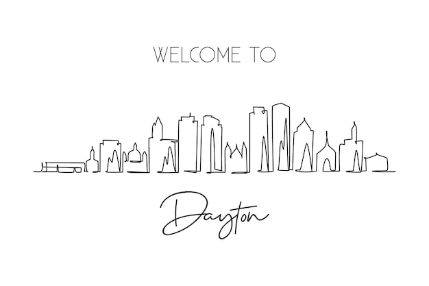 Un dibujo de línea continua del horizonte de la ciudad de Dayton Ohio Hermoso punto de referencia Turismo paisajístico mundial