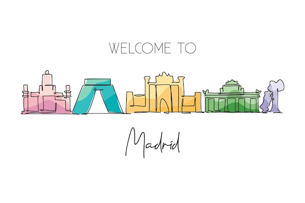 Vector un dibujo de línea continua del horizonte de la ciudad de madrid españa hermoso rascacielos arte paisajístico mundial