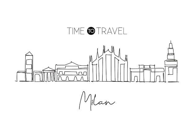 Un dibujo de línea continua del horizonte de la ciudad de Milán Italia Hermosos rascacielos Arte paisajístico mundial