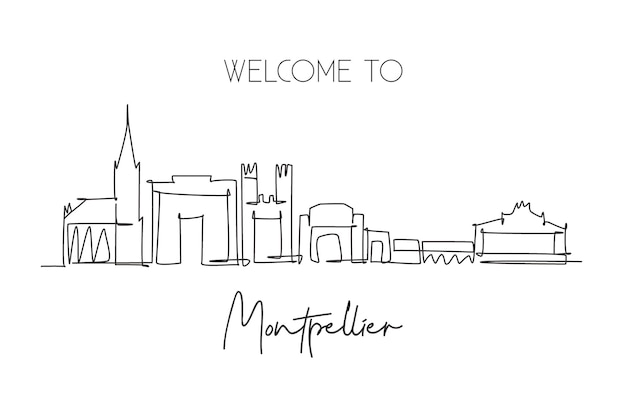 Dibujo de línea continua del horizonte de la ciudad de montpellier francia paisaje de rascacielos famoso
