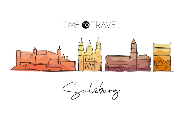 Un dibujo de línea continua del horizonte de la ciudad de Salzburgo, Austria