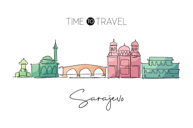 Un dibujo de línea continua del horizonte de la ciudad de Sarajevo, Bosnia y Herzegovina, vector de diseño emblemático