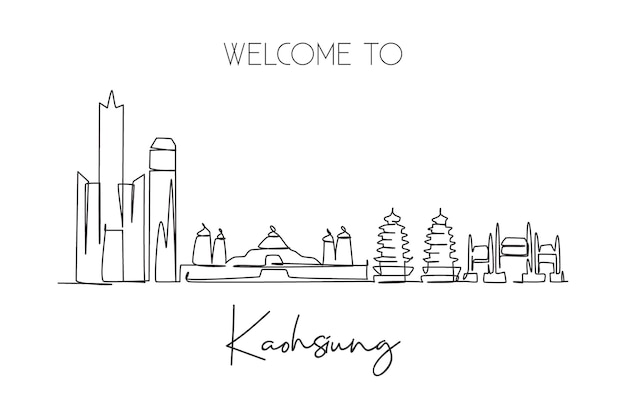 Vector un dibujo de línea continua del horizonte de kaohsiung taiwán vector de diseño de paisajes del mundo