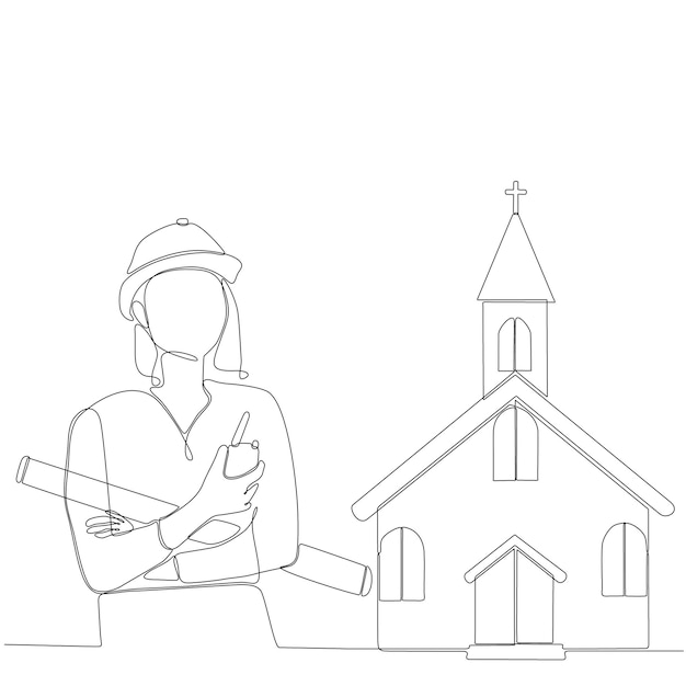 dibujo de línea continua de la iglesia del edificio del arquitecto femenino