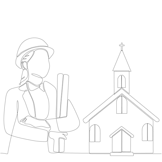 Dibujo de línea continua de la iglesia del edificio del arquitecto femenino