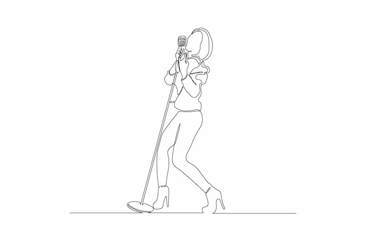 Vector dibujo de línea continua de la ilustración de vector de cantante de mujer talentosa vector premium