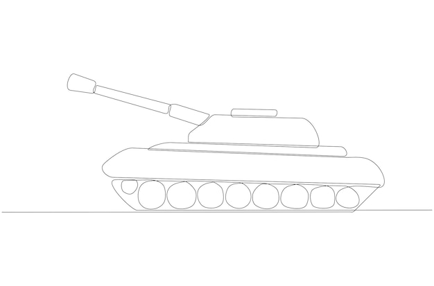 Dibujo de línea continua de una ilustración de vector de equipo militar de tanque Vector Premium