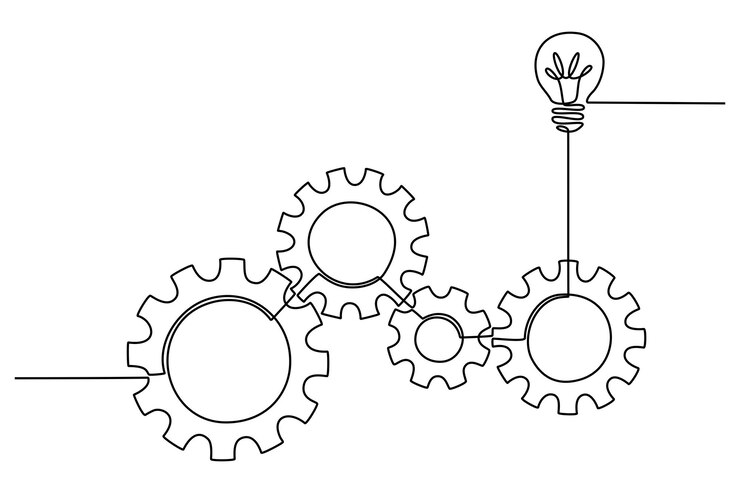 Vector dibujo de línea continua de ilustración de vector de idea de engranajes y luces
