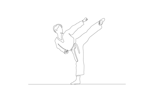 Dibujo de línea continua de una ilustración de vector de jugador de karate Vector Premium