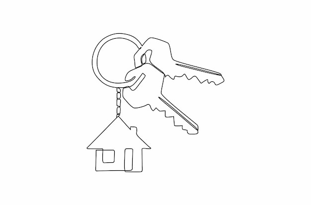 Dibujo de línea continua de una ilustración de vector de llavero de casa Vector Premium