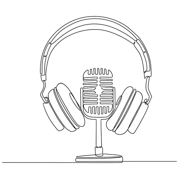 Dibujo de línea continua de la ilustración de vector de micrófono y auriculares