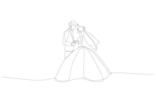 Dibujo de línea continua de ilustración de vector de pareja de boda romántica Vector Premium