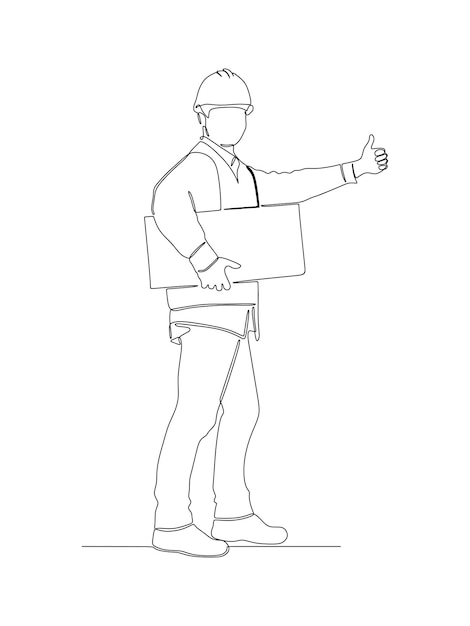 Dibujo de línea continua de la ilustración de vector de trabajador de construcción aislado sobre fondo blanco