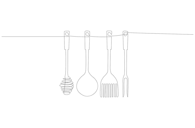 Dibujo de línea continua de ilustración de vector de utensilio de juego de cocina Vector Premium