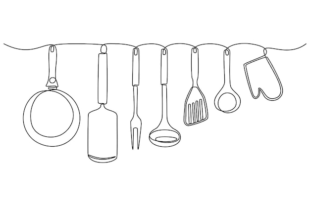 Dibujo de línea continua de la ilustración de vector de utensilios de cocina