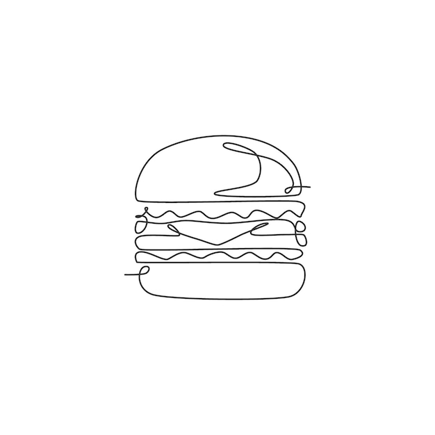 Un dibujo de línea continua de una insignia del logotipo de comida rápida de un restaurante de hamburguesas con queso americano fresco y delicioso
