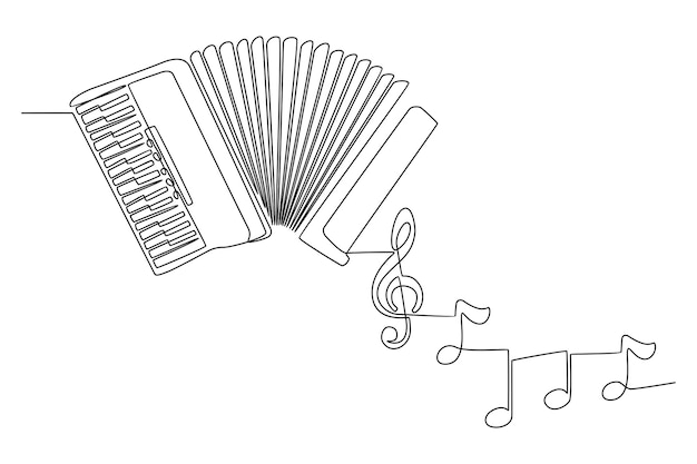 Dibujo de línea continua de un instrumento musical de acordeón con notas de instrumentos ilustración vectorial