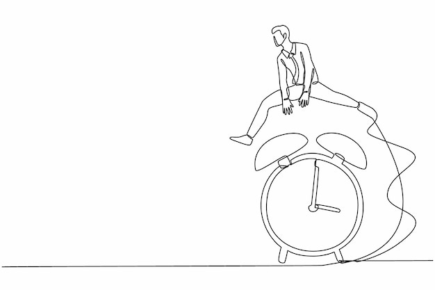 Un dibujo de línea continua inteligente y feliz hombre de negocios saltar sobre el tiempo pasando despertador