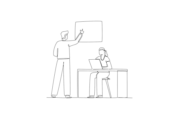 Un dibujo de línea continua del jefe está explicando un nuevo proyecto durante una reunión concepto de formación empresarial dibujo de una sola línea de moda