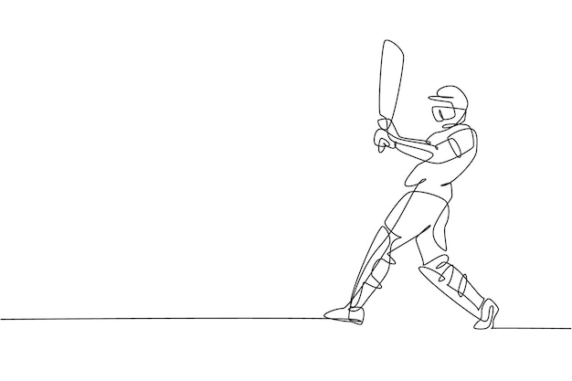 Un dibujo de línea continua de un joven ágil jugador de cricket golpeó con éxito el vector de la pelota