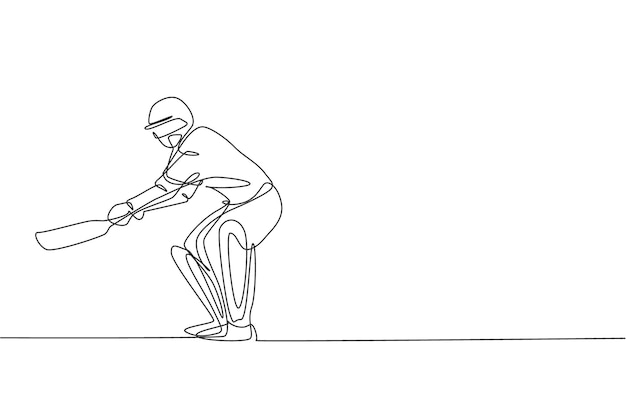 Un dibujo de línea continua joven ágil jugador de cricket práctica deporte ejercicio concepto vector