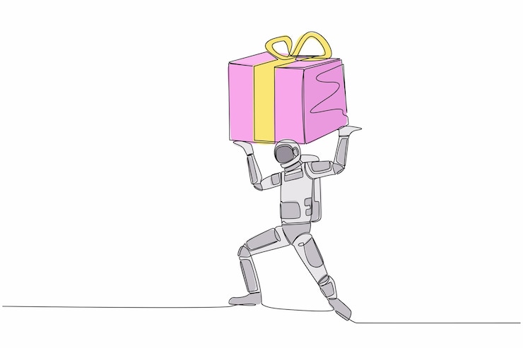 Vector un dibujo de línea continua de un joven astronauta llevando una pesada caja de regalos en la espalda problema de envío