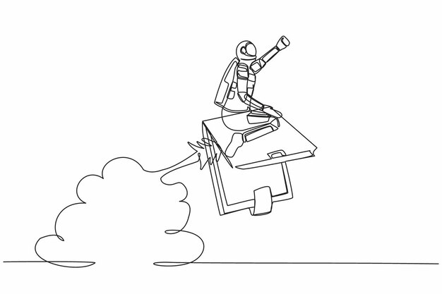 Un dibujo de línea continua joven astronauta montando un cohete de billetera volando en la superficie de la luna Planificación financiera en la compañía espacial Cosmonauta del espacio profundo dibujo de una línea diseño gráfico ilustración vectorial