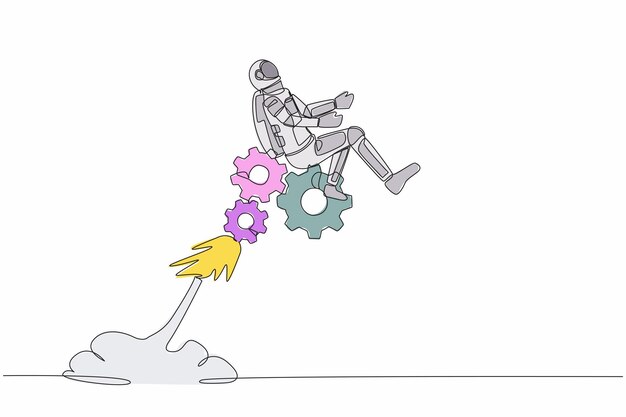 Un dibujo de línea continua de un joven astronauta montando un cohete que vuela en la superficie de la luna Mecanismos de resolución de problemas en la compañía espacial Cosmonauta del espacio profundo Ilustración vectorial de diseño de dibujo de una línea