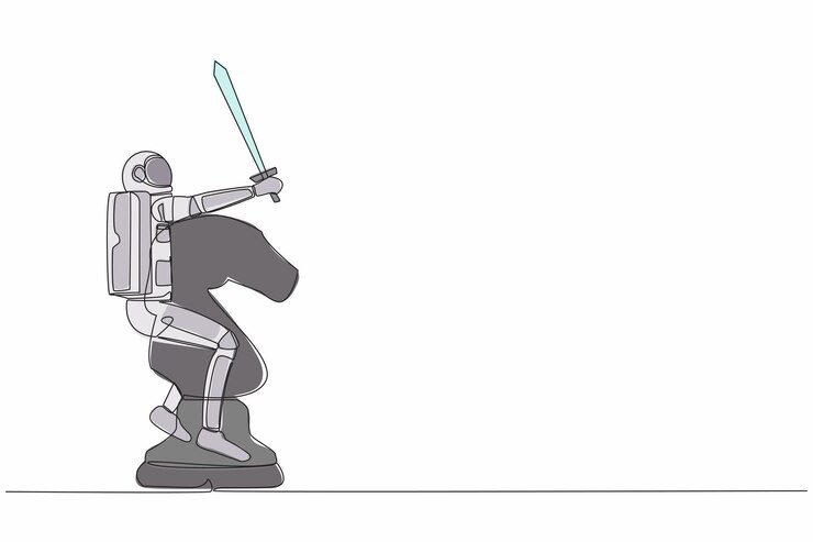 Vector un dibujo de línea continua de un joven astronauta montando una gran pieza de ajedrez con un vector de diseño de espada