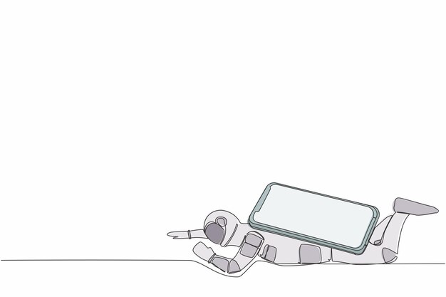 Un dibujo de línea continua de un joven astronauta bajo una pesada carga de diseño de teléfonos inteligentes gráfico vectorial