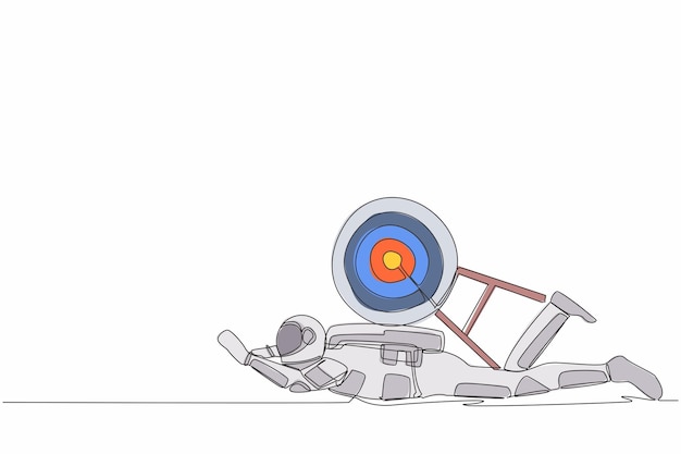 Un dibujo de línea continua de un joven astronauta bajo una pesada carga de objetivo Cosmonauta del espacio profundo