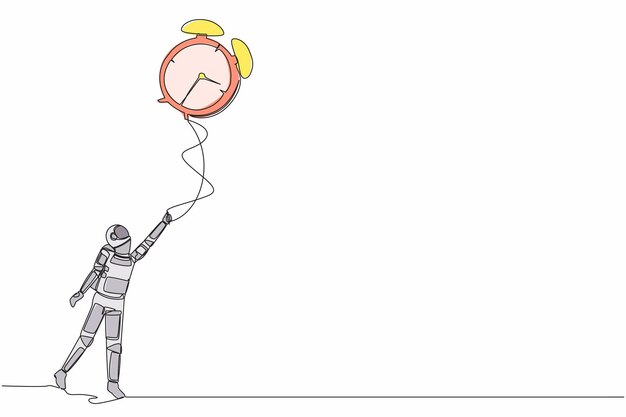 Un dibujo de línea continua de un joven astronauta sosteniendo un gran reloj despertador volando.