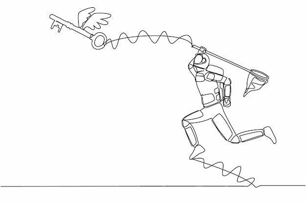Un dibujo de línea continua de un joven astronauta tratando de atrapar una llave voladora con una red de mariposas