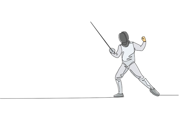 Un dibujo de línea continua de un joven atleta de esgrima practicando lucha sosteniendo un vector de espada