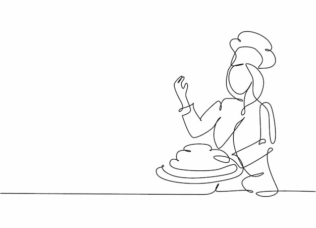Un dibujo de línea continua de una joven y atractiva chef que sirve el mejor vector de diseño de menú de plato principal