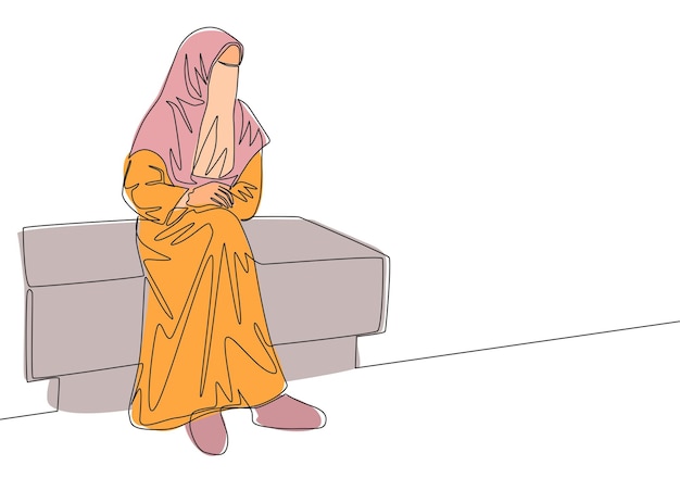 Dibujo de línea continua de una joven atractiva musulmana de Oriente Medio con burka sentada en una silla Belleza tradicional mujer musulmana niqab con hijab concepto dibujo de una línea diseño ilustración vectorial