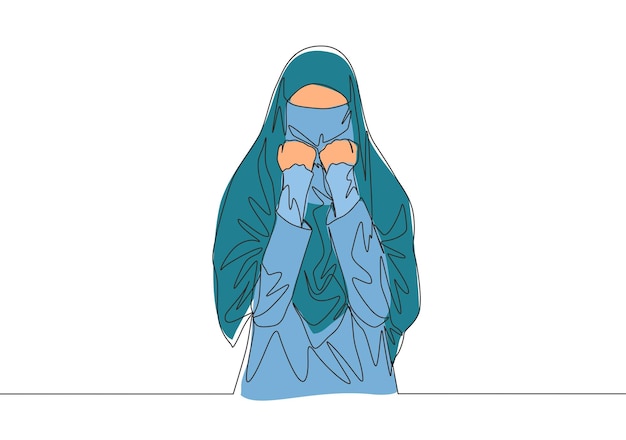 Dibujo de línea continua de una joven atractiva musulmana de Oriente Medio que usa burka con pañuelo en la cabeza belleza tradicional mujer musulmana niqab con hijab concepto de dibujo de una línea diseño ilustración vectorial