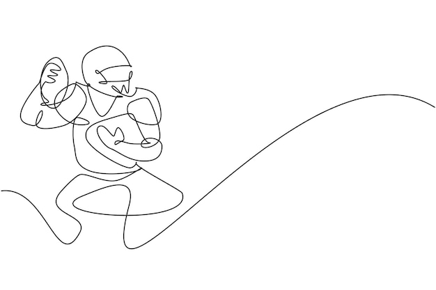 Un dibujo de línea continua de un joven y atractivo jugador de fútbol americano listo para pasar el balón