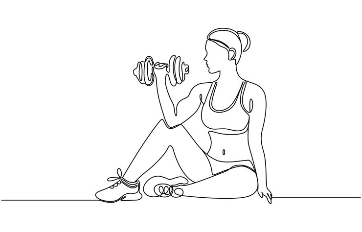 Vector un dibujo de línea continua de una joven con una barra en el gimnasio una línea continua