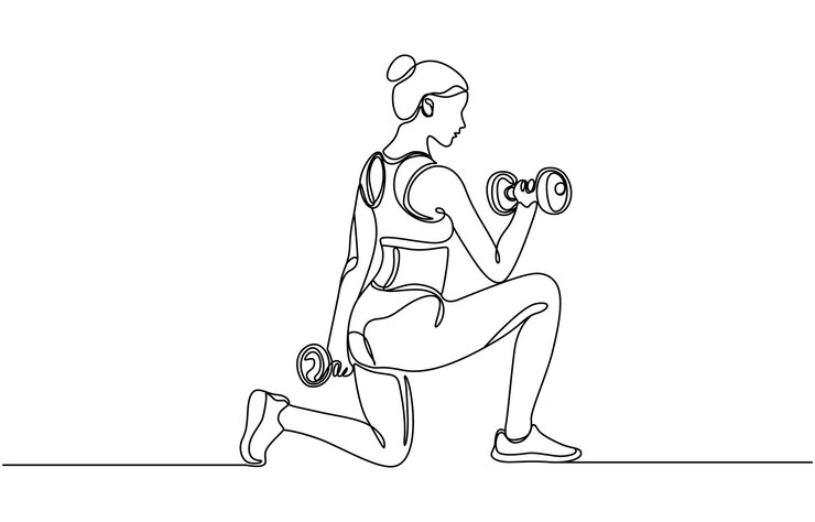 Vector un dibujo de línea continua de una joven con una barra en el gimnasio una línea continua
