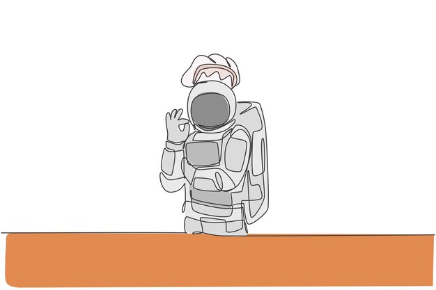 Un dibujo de línea continua de un joven chef astronauta dando un delicioso gesto con la mano para un plato sabroso