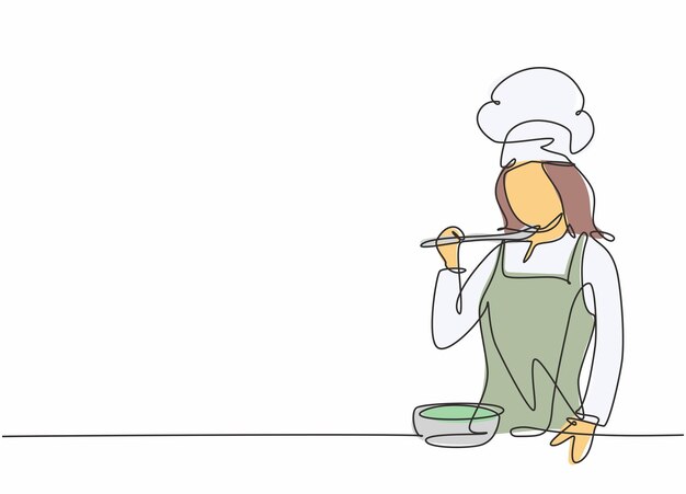 Un dibujo de línea continua de una joven chef probando y oliendo sopa de curry con cuchara de madera