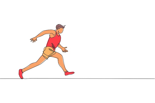 Un dibujo de línea continua de un joven corredor deportivo enfocado corriendo en una pista de carreras Vector de diseño