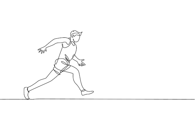 Un dibujo de línea continua de un joven corredor deportivo enfocado corriendo en una pista de carreras Vector de diseño