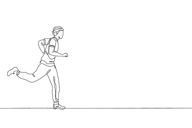 Un dibujo de línea continua de un joven corredor deportivo que se relaja corriendo en el campo Diseño vectorial