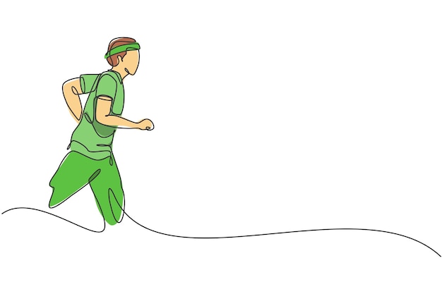 Un dibujo de línea continua de un joven corredor deportivo que se relaja corriendo en el campo Diseño vectorial