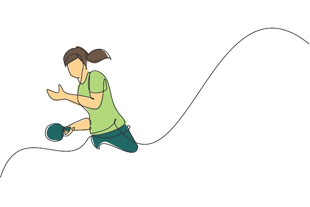 Un dibujo de línea continua de una joven deportista jugadora de tenis de mesa tomando en serio el servicio